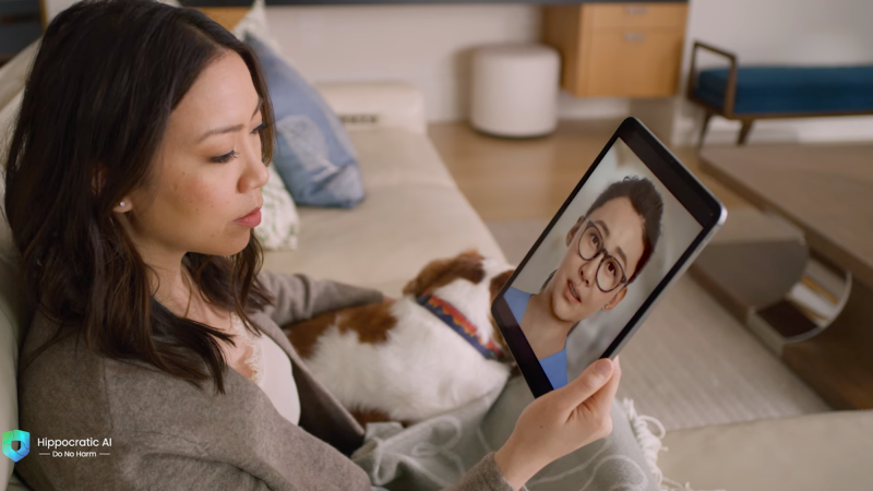 Woman talking with nurse chatbot on iPad